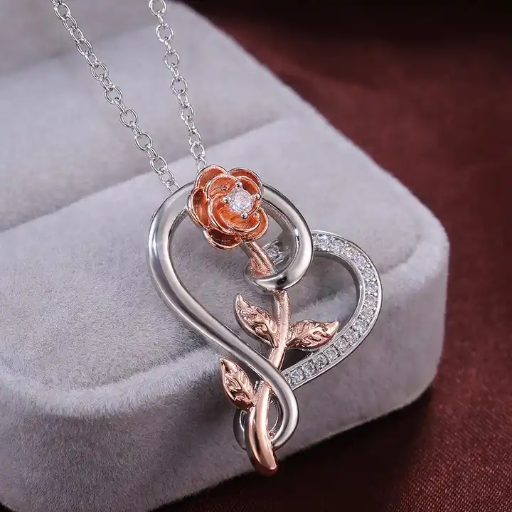 Náhrdelník Heart Rose - Stříbrná / Růžovozlatá