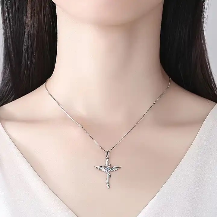 Náhrdelník Wing Cross - Stříbrná/Modrá