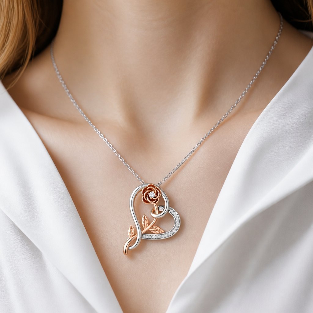 Náhrdelník Heart Rose - Stříbrná / Růžovozlatá